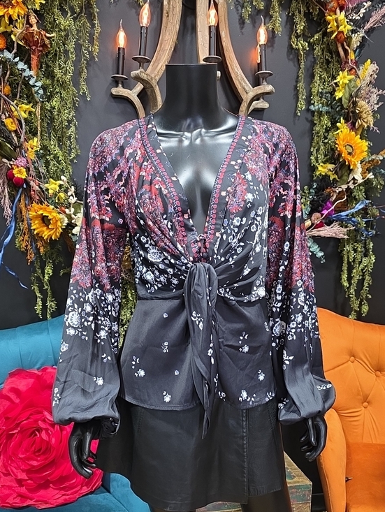 Free People Tops - Free People Black Floral Tie-Front Blouse with Red & White Accents